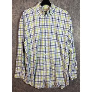 Peter Millar Large Blue Green Plaid Button Down Casual Dress Shirt - Large